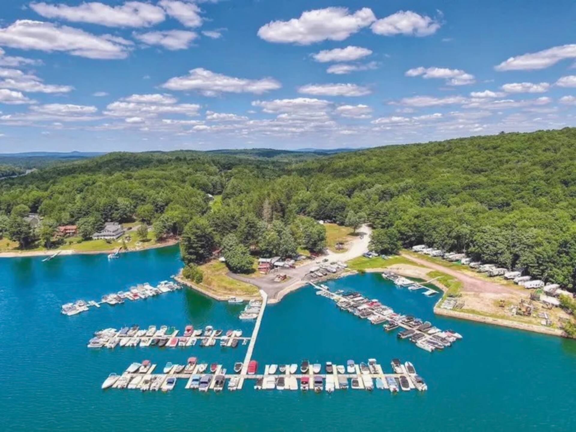 Aerial view of Swinging Bridge Lake and the marina